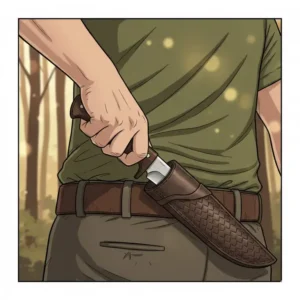 Close-up of a hand drawing a fixed blade knife from a horizontal knife scabbard on the lower back.