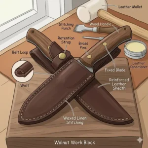An illustrative diagram showing the components of a leather fixed blade knife sheath including the welt, belt loop, and throat.