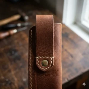 Close-up of a sturdy belt loop attachment on durable leather sheaths for knives.