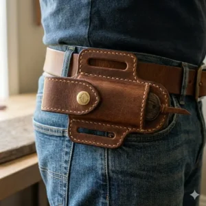 Close-up of a brown leather folding knife sheath worn horizontally on a leather belt.