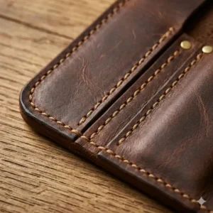 Close-up of reinforced hand-stitching on a durable leather knife case.