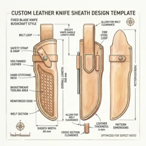 Illustration 1: A technical design template and measurement guide for creating custom knife sheaths leather.