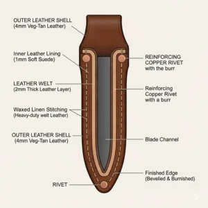 Technical diagram showing the internal welt and stitching layers of a protective leather sheath.