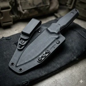 Illustration 1: Durable black Kydex fixed blade sheath with adjustable tension screws for tactical use.