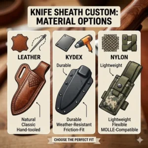 Comparison of different material options for a knife sheath custom build including leather, Kydex, and nylon.