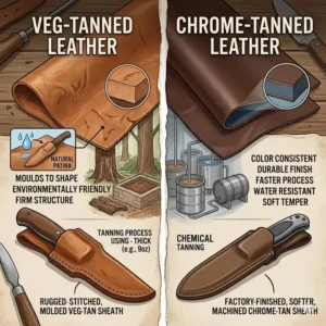 Comparison chart between vegetable-tanned and chrome-tanned leather for knife sheath making.