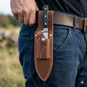 A vertical leather knife holder with a sturdy belt loop attachment for outdoor carry.