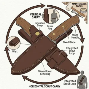Comparison illustration of vertical belt carry and horizontal scout carry positions for a leather fixed blade knife sheath.