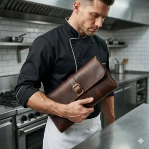 A professional chef carrying a compact leather knife case in a modern kitchen.