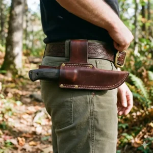 A scout-style horizontal carry version of leather sheaths for knives worn on a belt.