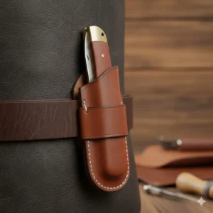 Illustration of a leather pocket knife sheath securely attached to a person's belt loop.