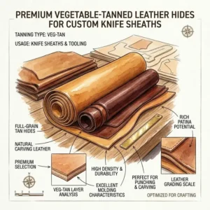 Illustration 2: Rolls of premium vegetable-tanned hides used specifically for making custom knife sheaths leather.