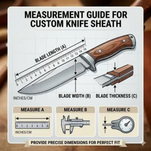 A technical measurement guide showing how to size a blade for a knife sheath custom fit.