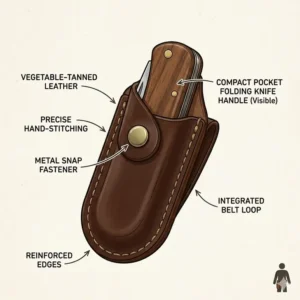 Minimalist leather sheath designed for a small folding pocket knife with secure fit.
