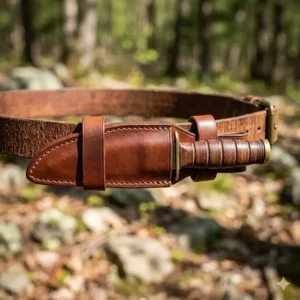 Illustration 2: A fixed blade sheath designed for horizontal scout carry on a leather belt.