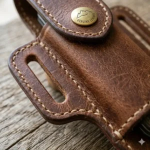 Detailed view of the heavy-duty stitching on a custom leather folding knife sheath pouch.
