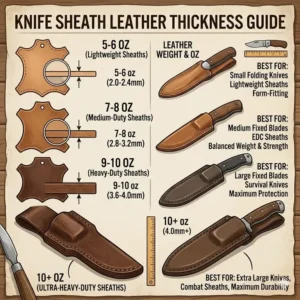 A guide showing different weights and thicknesses of leather for knife sheath making.