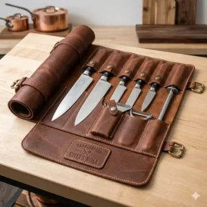 Professional chef's leather knife holder roll-up bag with multiple slots for kitchen tools.