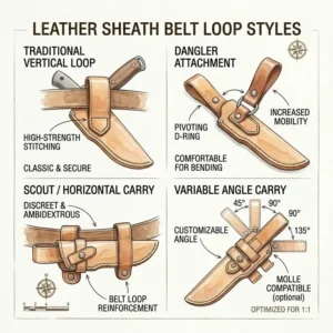 Illustration 3: An infographic showing different belt attachment and carry options for custom knife sheaths leather.