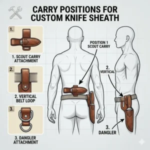 Diagram showing various carry positions and attachment styles for a knife sheath custom order.