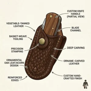 Detailed illustration of basket-weave tooling on a custom vegetable-tanned leather sheath.