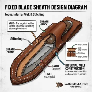 Illustration 3: Technical illustration showing the internal welt and stitching of a custom fixed blade sheath.