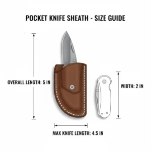 A detailed size guide and dimensions for choosing the right leather pocket knife sheath.