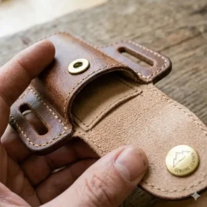 An open leather folding knife sheath showing the soft interior lining to prevent scratches.