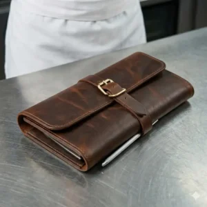 A single-slot leather knife case pouch designed for a pocket knife or sharpener.