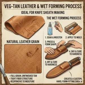 Close-up texture of natural vegetable-tanned leather for knife sheath making showing the grain.