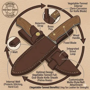 Illustration highlighting the benefits of using vegetable-tanned leather for a leather fixed blade knife sheath to prevent blade corrosion.