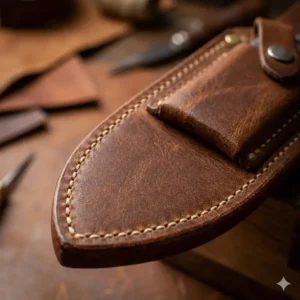 Close-up detail of the durable hand-stitched seams on a custom leather knife holder.