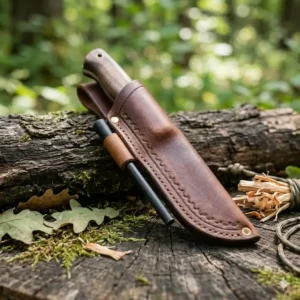 Rugged bushcraft design of leather sheaths for knives featuring a built-in ferro rod holder.