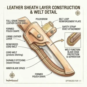 Illustration 4: A detailed diagram showing the internal welt and safety construction of custom knife sheaths leather.
