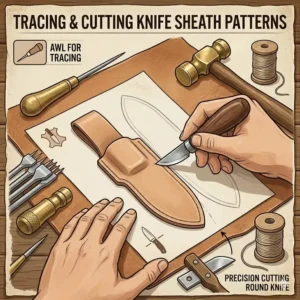 A craftsman tracing a pattern onto a piece of leather for knife sheath making.