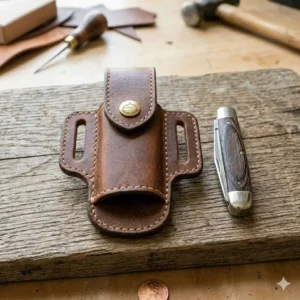 A leather folding knife sheath placed next to a standard pocket knife for size comparison.