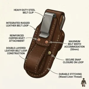 Close-up illustration of a secure metal clip and belt loop on a heavy-duty leather sheath.