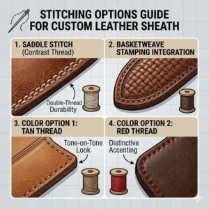 Detailed view of different stitching patterns and thread colors for a leather knife sheath custom design.