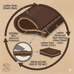 Technical illustration of a leather fixed blade knife sheath welt designed to protect stitching from the sharp blade edge.