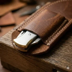 Small leather knife holder sleeve designed for a folding pocket knife.