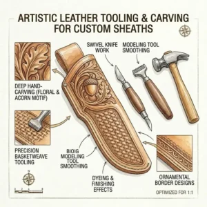 Illustration 5: Artistic hand-tooling and basketweave patterns applied to the surface of custom knife sheaths leather.