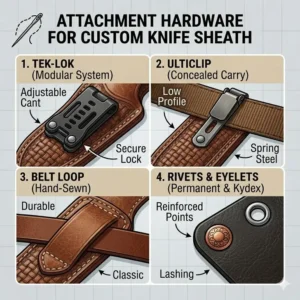 Infographic of professional attachment hardware available for a knife sheath custom project.