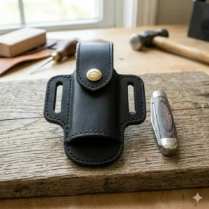 Minimalist black leather folding knife sheath with a sleek, low-profile design.