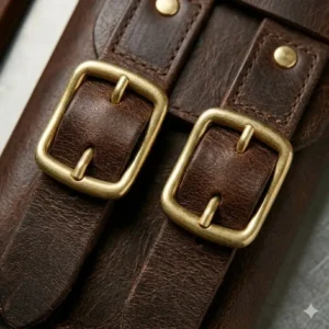 Secure brass buckle and straps on a heavy-duty leather knife case for safe transport.