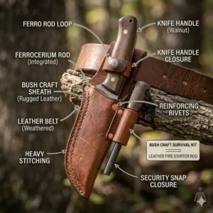 Rugged leather sheath featuring a side loop for a ferrocerium fire starter rod for bushcraft.