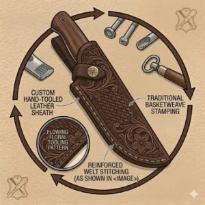 Decorative illustration of a custom-tooled leather fixed blade knife sheath with traditional basketweave patterns.