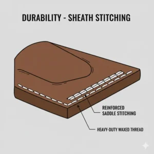 Technical diagram showing the reinforced saddle stitching on a leather pocket knife sheath.