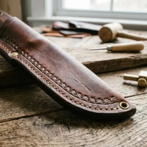 Detailed view of the heavy-duty hand-stitching on custom leather sheaths for knives.