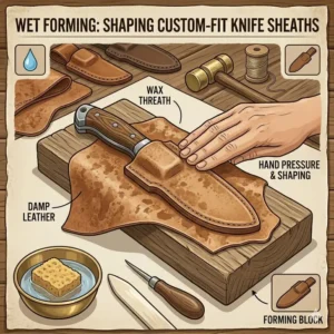 The process of wet forming and shaping leather for knife sheath making over a blade.
