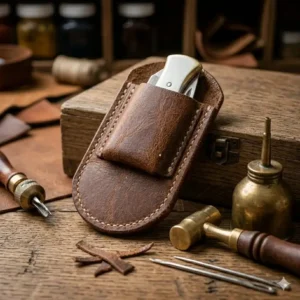 A leather knife holder sitting on a craftsman's workbench next to leatherworking tools.